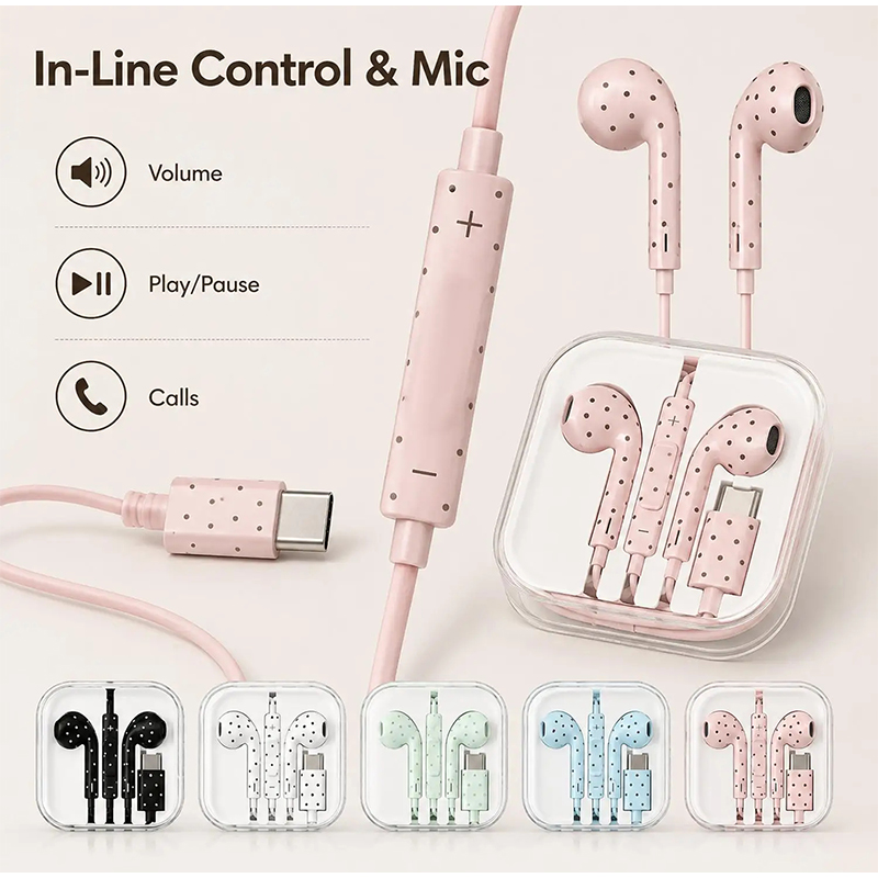 Wired Earphone Mic - Earphone Tipe C Pola Bintang Polka